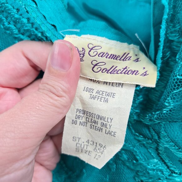 Vintage Carmella's Creation Teal Lace Taffeta 80s Formal Prom Dress Size 12 - Picture 16 of 16